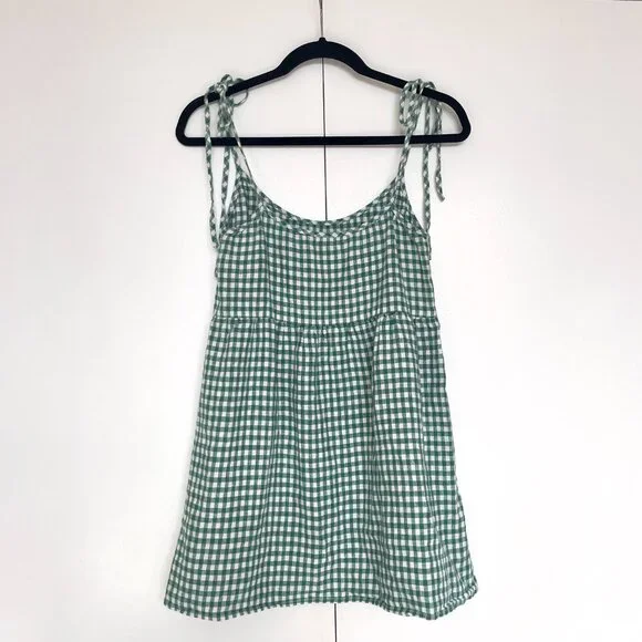 Reformation | Green & white gingham plaid linen babydoll mini dress | Size XS - Picture 2 of 3